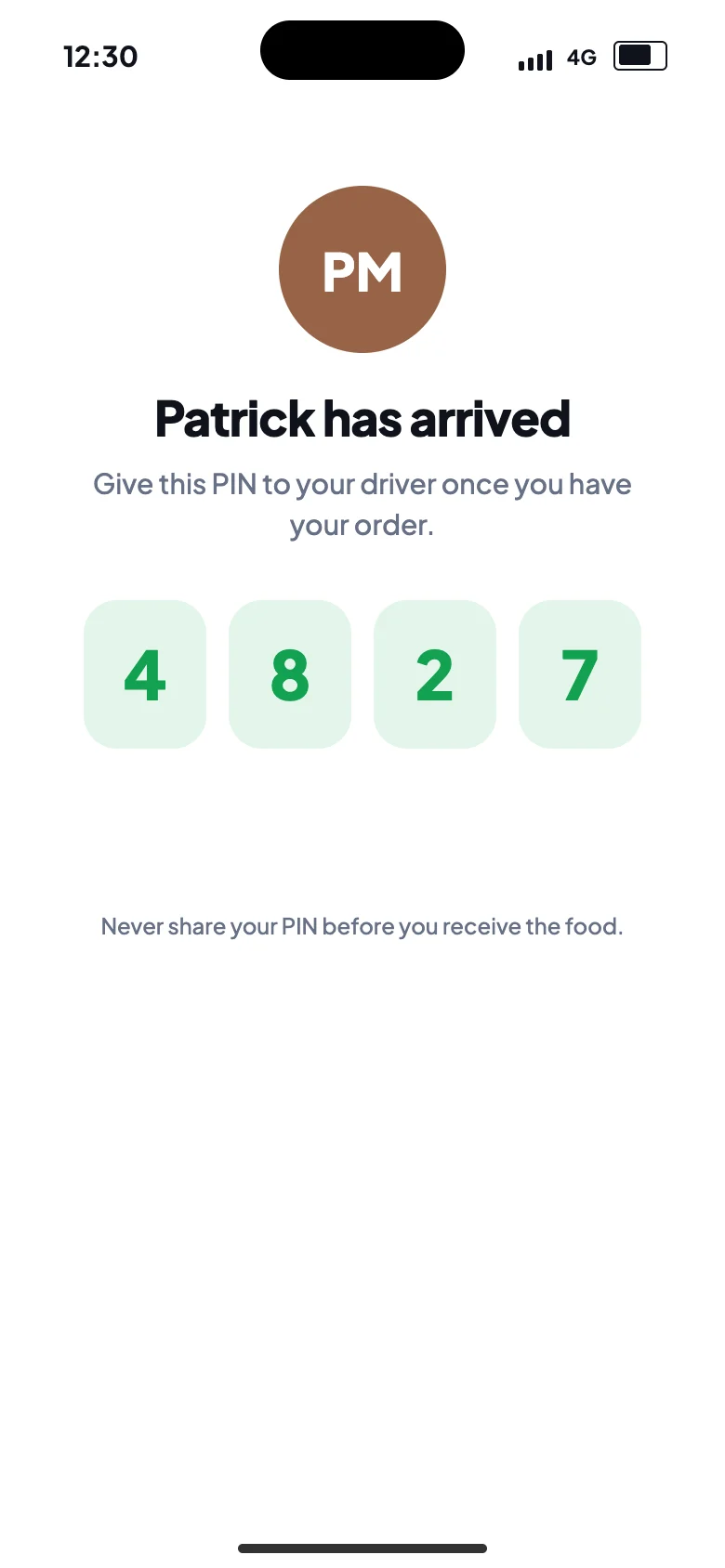 Delivery PIN screen
