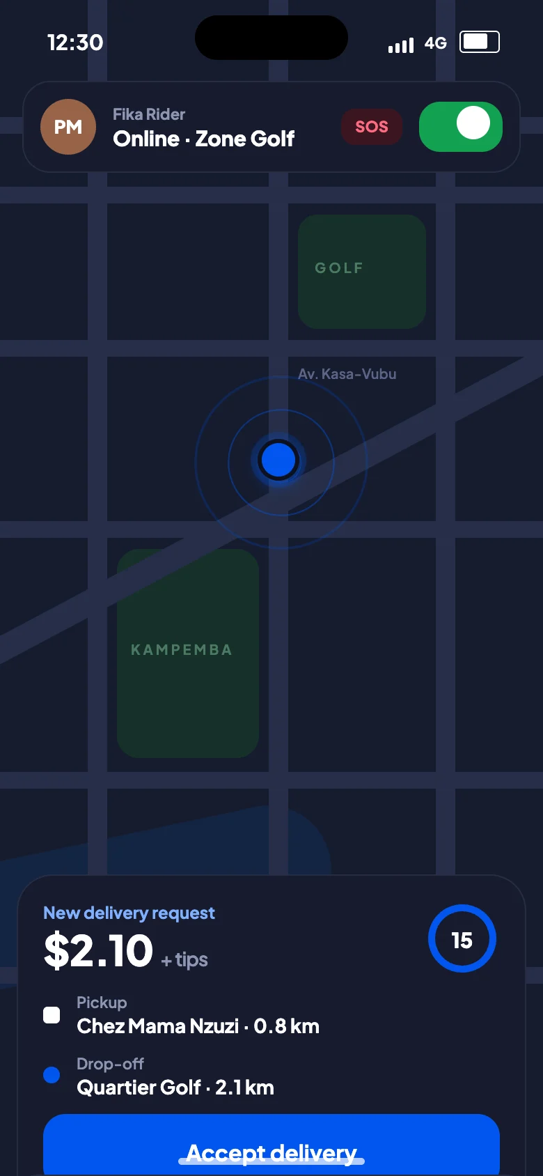 Fik'apa rider app: new delivery request